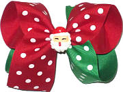 Large Red and Green with White Polka Dots with Santa Face Miniature Double Layer Overlay Bow